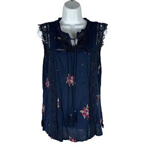 Pale Sky Womens Navy Blue Embroidered Lace Sleeveless Top Size M